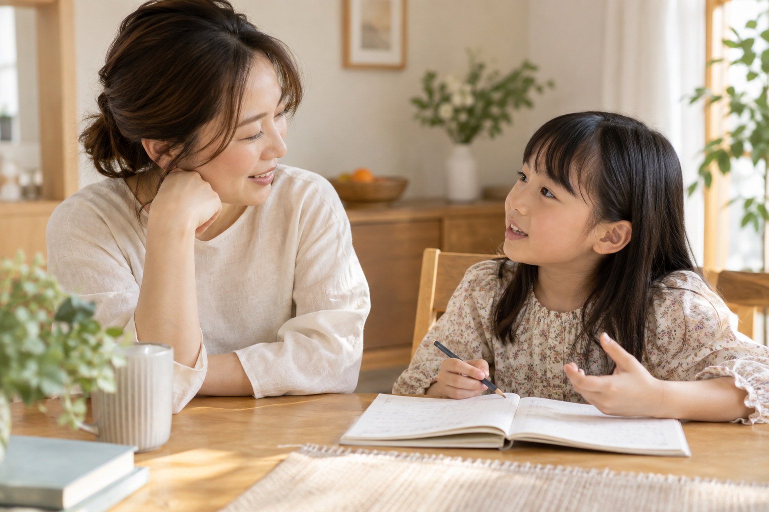 家で自然に会話する親子