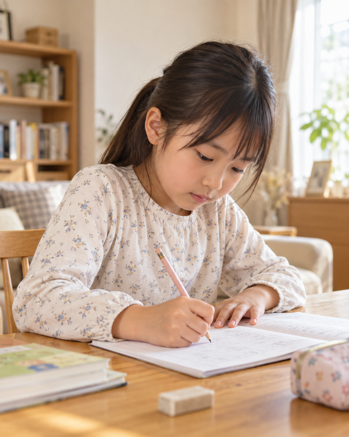 暖かな自然光の中、ノートを見ながら鉛筆で書く小学生の女の子